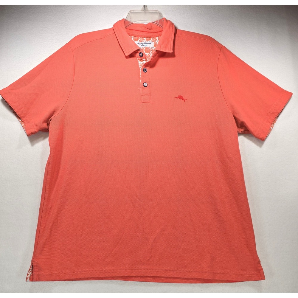 Tommy Bahama IslandZone Mens XL Coral Orange Pineapple Trim Pique Polo Shirt